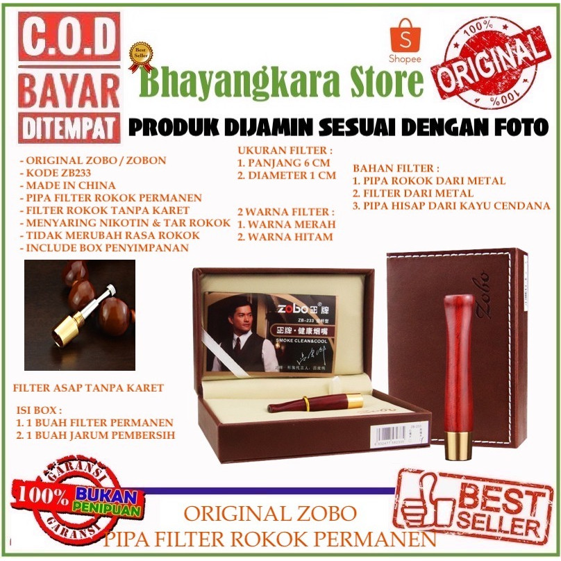 ORIGINAL ZOBO ZB233 PIPA FILTER SARINGAN ASAP PERMANEN KHUSUS 8MM BAHAN KAYU CENDANA