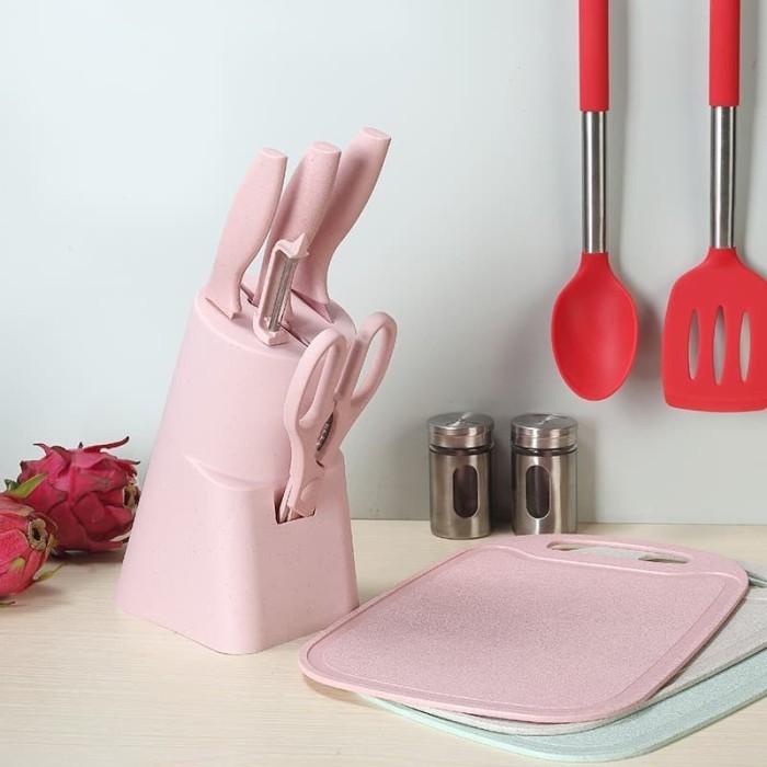 Pisau Dapur Set 7 Pcs Termasuk Holder dan Talenan Kitchen Knife Set - PISAU 7 PINK
