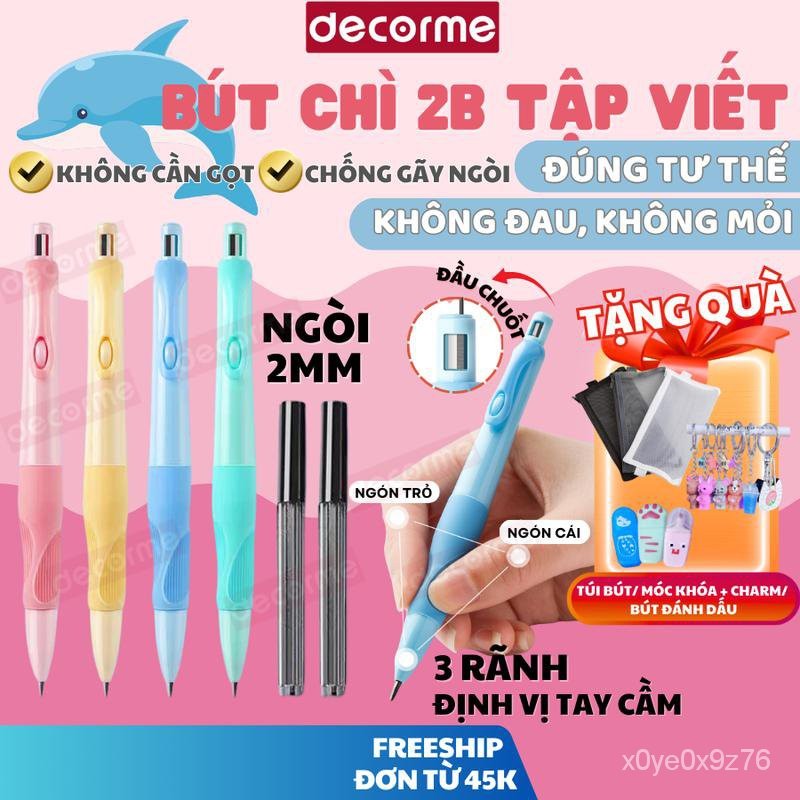 

2[Tặng quà] Bút chì cá heo tập viết cho bé lớp 1 bút chì bấm 2B ngòi to 2.0mm Decorme giúp bé cầm bút đúng tư thế, viết lâu không đau, không mỏi tay đồ dùng học tập văn phòng phẩm123