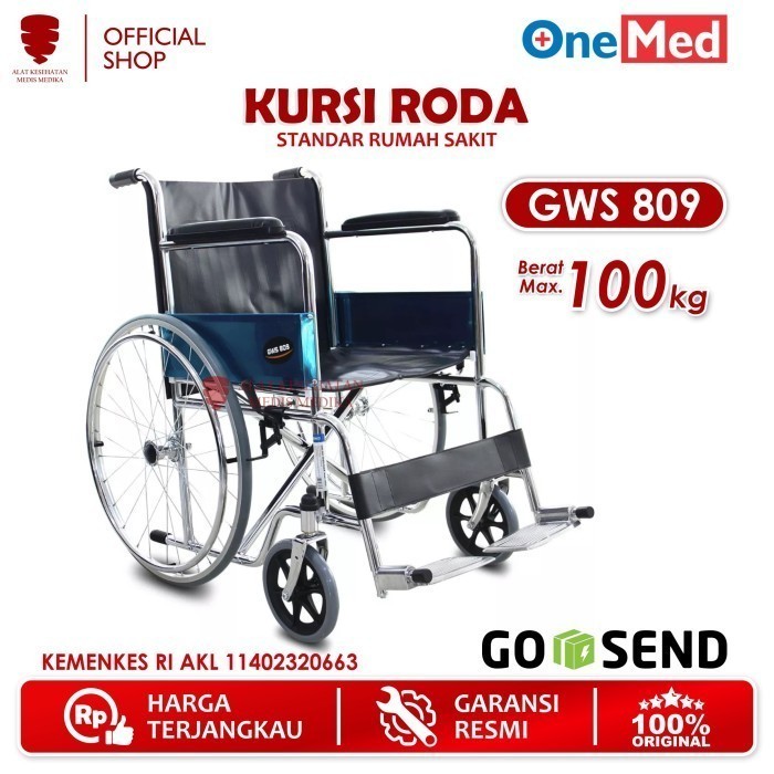 GOJEK ONLY Onemed Kursi Roda Standar GWS 809 Wheel Chair Chromed Steel Alat Bantu Jalan Rumah Sakit 