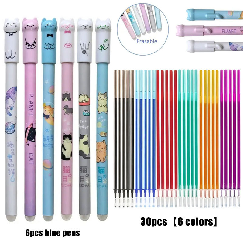 

36pcs/set 6 Colors Erasable Gel Pen 0.5mm Fine Point Quick-Drying Washable Refillable Plastic Cat Pen Office School Stationer