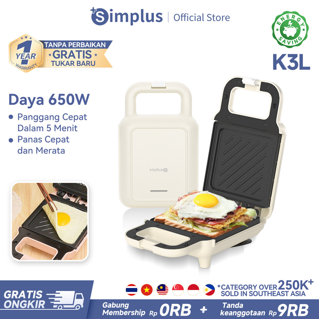 Simplus Toaster Anti Lengket Pemanggang Roti Sandwich Maker Low Watt - Hitam, 2 Slot, 7 Pengaturan Suhu
