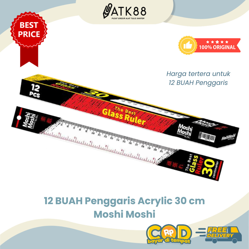 

1 PAK Penggaris Plastik Moshi Ruler 30 cm Mika Transparant isi 12 Buah