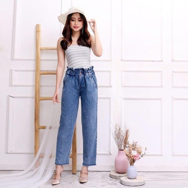 CELANA KULOT JEANS BOYFRIEND WANITA MODEL PINGGANG KARET KYRA