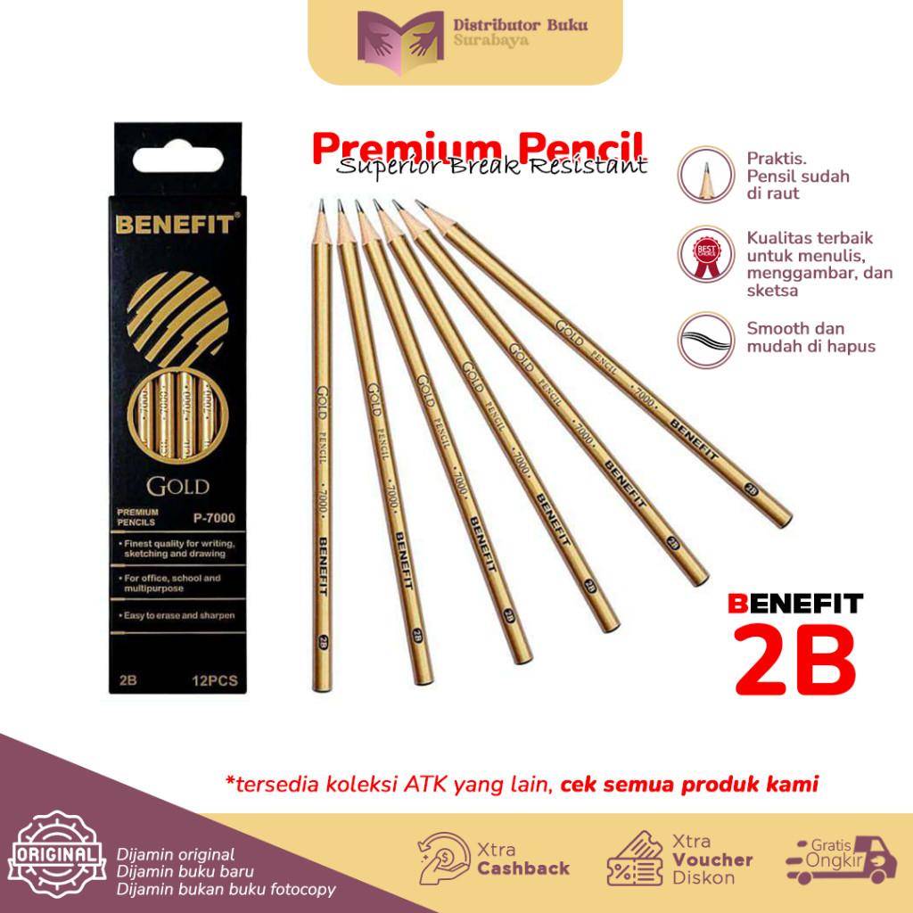 

Premium Pensil 2B Benefit P-7000 Gold Smooth Superior Break Resistant - Pcs