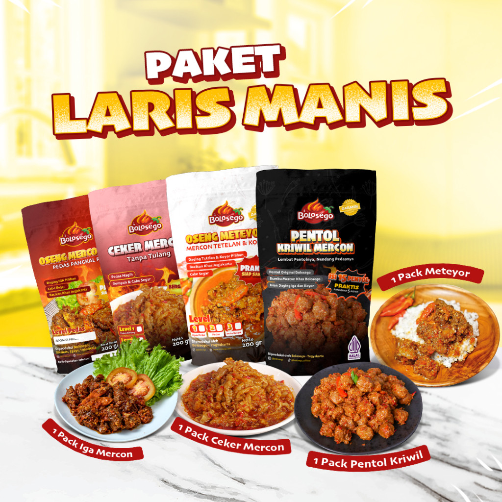 

PAKET LARIS MANIS (Iga Mercon + Oseng Meteyor + Ceker Mercon + Pentol Kriwil) PEDAS BOLOSEGO