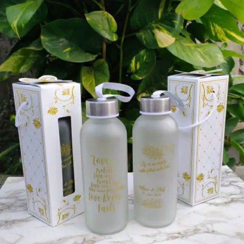 Souvenir botol Tumbler kaca dove 420ml costum sablon kemas box