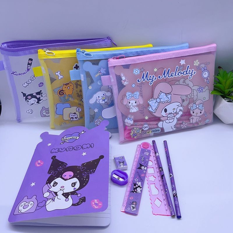 

12 Sets Sanrio Kawaii Cinnamoroll Melody Kuromi Pencil Sharpener Notebook Ruler Pen Eraser Children Stationery Suit Combination