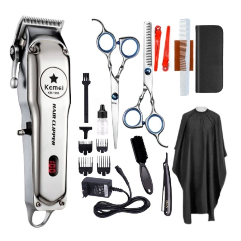 Paket Barbershop Alat Mesin Cukur Rambut Elektrik Mesin Kemei Km-1996 Charger Hair Clipper Professio