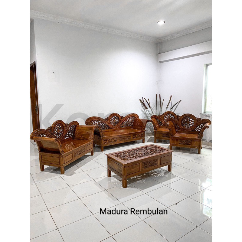 PROMO TEMURAH KURSI TAMU MADURA REMBULAN KAYU JATI JEPARA SET 3211+MEJA KORSIKU