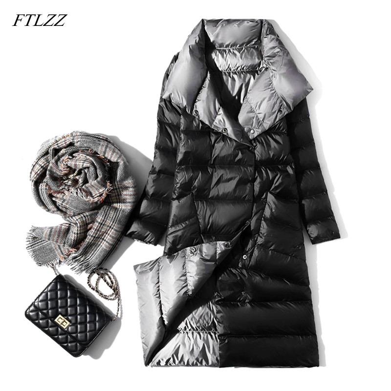FTLZZ Ultra Light Long Jacket Women Winter Double Sided Slim White Duck Down Coat Single Breasted Tu