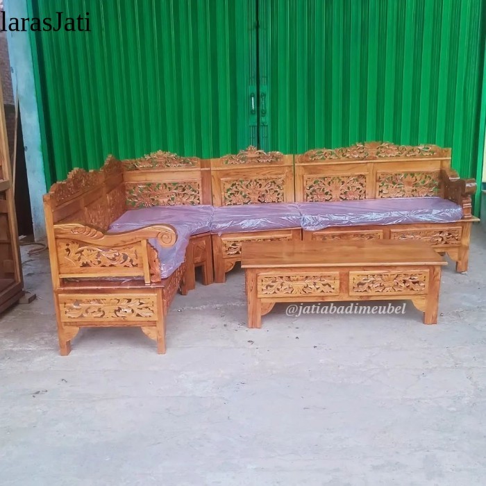 Set Kursi Tamu Sudut Ukir Kayu Jati, Kursi Sofa Tamu L Kayu Jati - Tanpa Busa laris manis