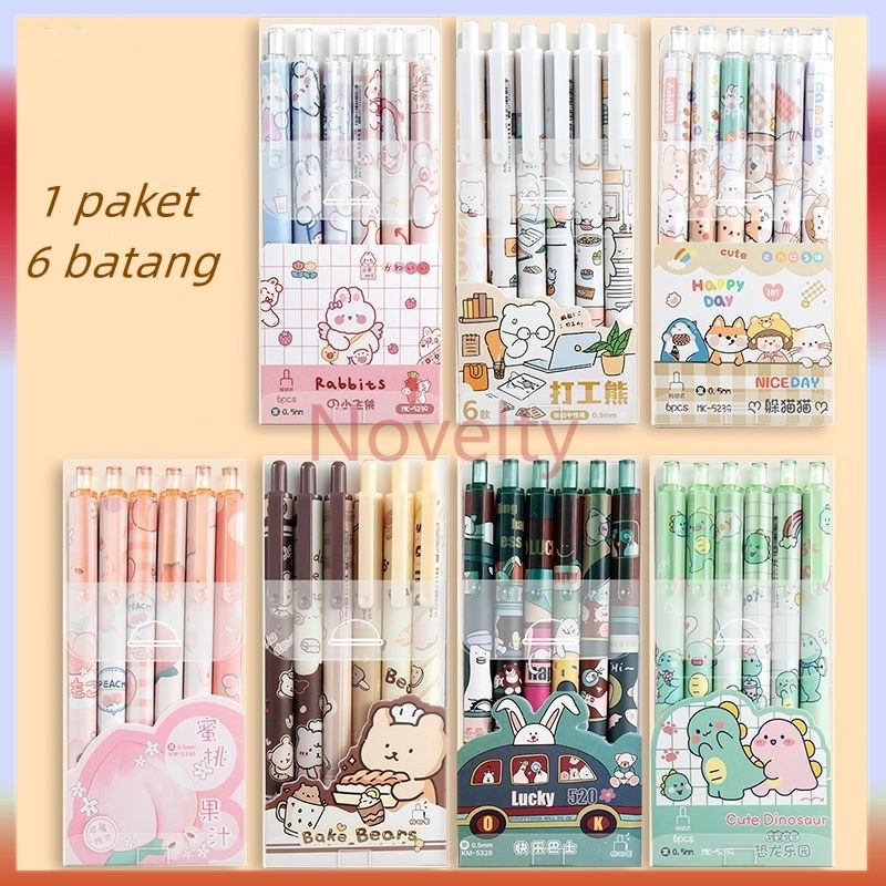 

Novelty 1 pak berisi 6 pulpen gel kartun/pena gel mekanik pola lucu