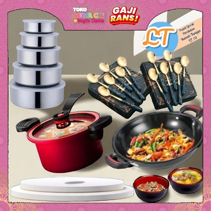 ZT55BM (LT.ID) Paket 034 TOKO MAMA GIGI Wajan Enamel Panci Presto 2 Mangkok Ramen Rantang susun 5in1