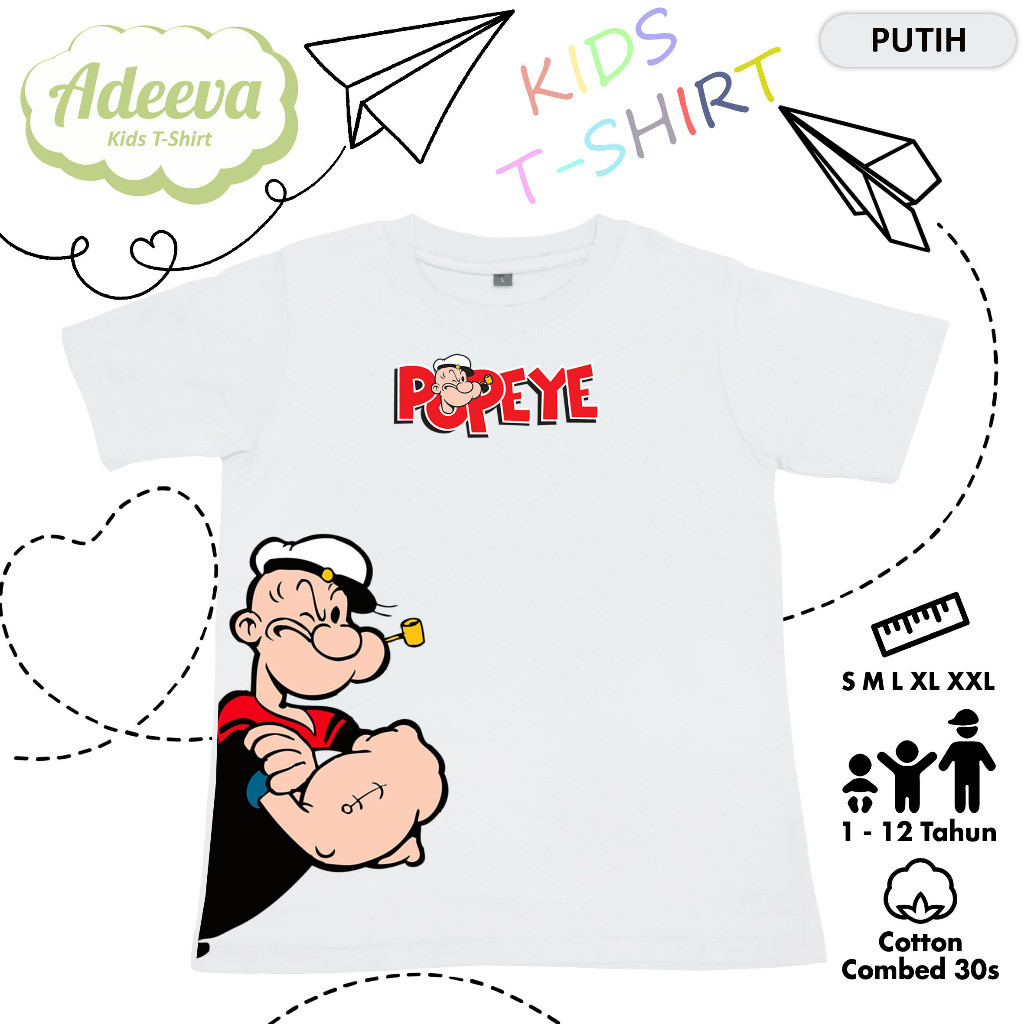 Kaos Anak Karakter Popeye Usia 1-12 Tahun Baju Anak Karakter Popeye Laki-Laki dan Perempuan