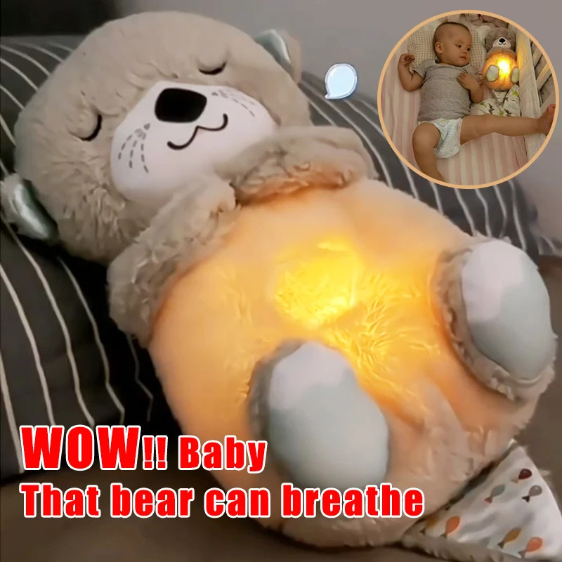 Breathing Otter Sleep Plush Toy Playmate Otter Baby Plush Toy with Light Sound Newborn Sensory Comfo