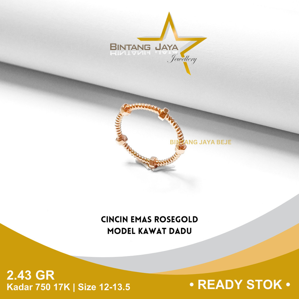 Cincin Emas Rosegold Kadar 750 17K Berat 2.43 gr gram Size Ukuran 12 - 13.5 Model Kawat Dadu Cicin P