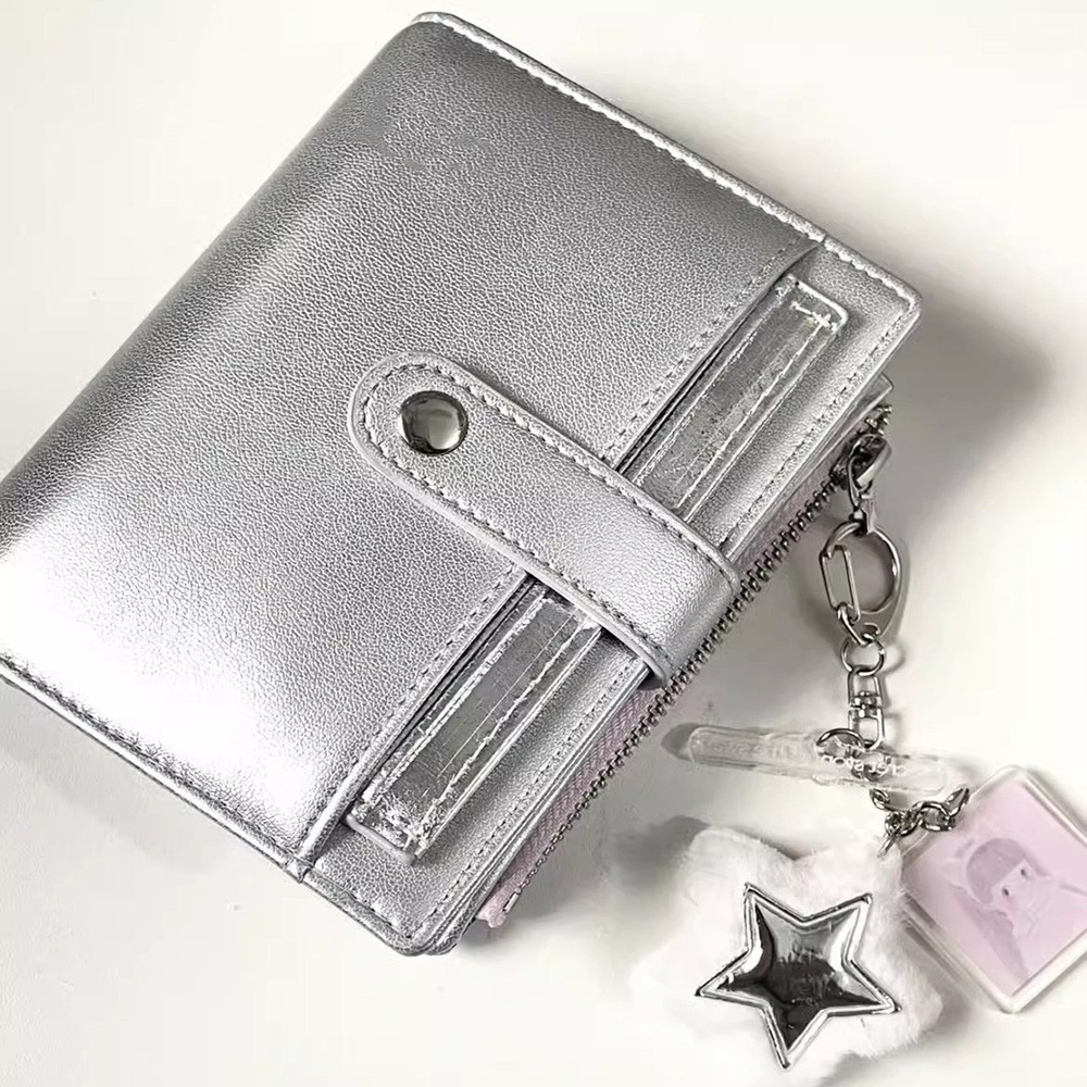 

Silver Soft Leather Small Notebook Student Binder M5 Notepad Girls Portable Card Holder Simple Niche Design