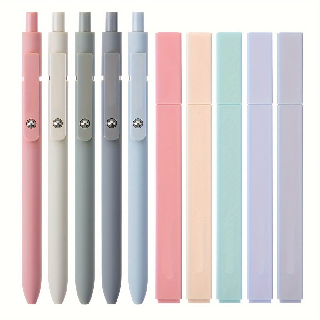 

10pcs Highlighters And Gel Pens Morandi Color Highlighters, Black Ink Ballpoint Pens, For Journaling School Office Supplies