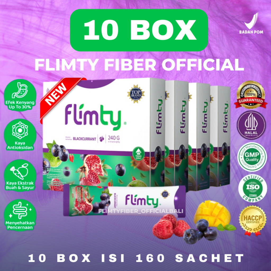 

Flimty Fiber | Detox | Antidioksidan Rasa Blackcurrant/Raspberry - 10 Box, 1 Box isi 16 sachet