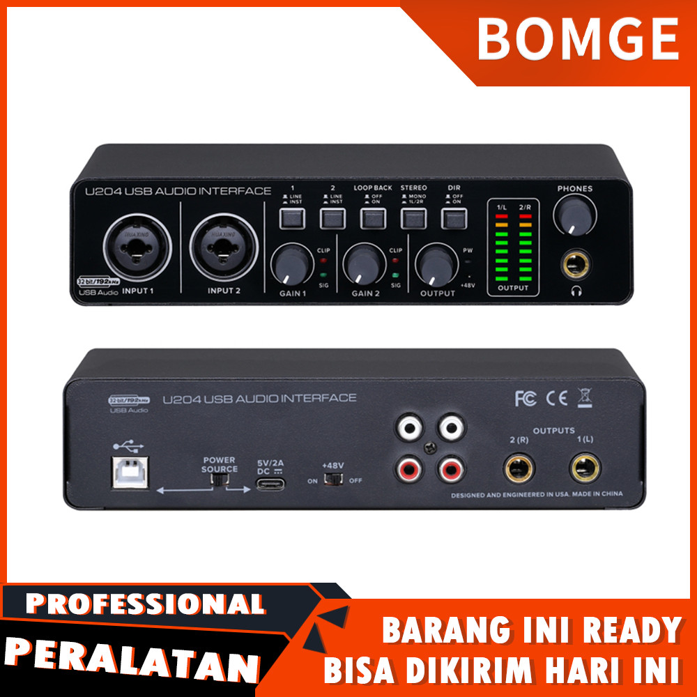 BOMGE U204 Antarmuka Audio USB untuk Komputer PC Merekam Musik, Antarmuka Audio Gitar 2x2 untuk Mac 