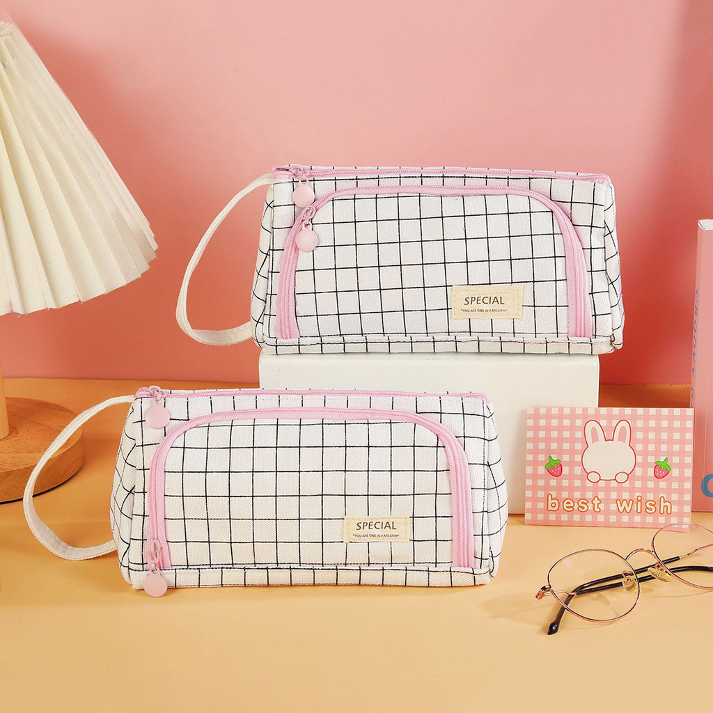 

1pc triangular pencil case, plaid pattern simple and practical school stationery bag portable school supplies for gifts for pal