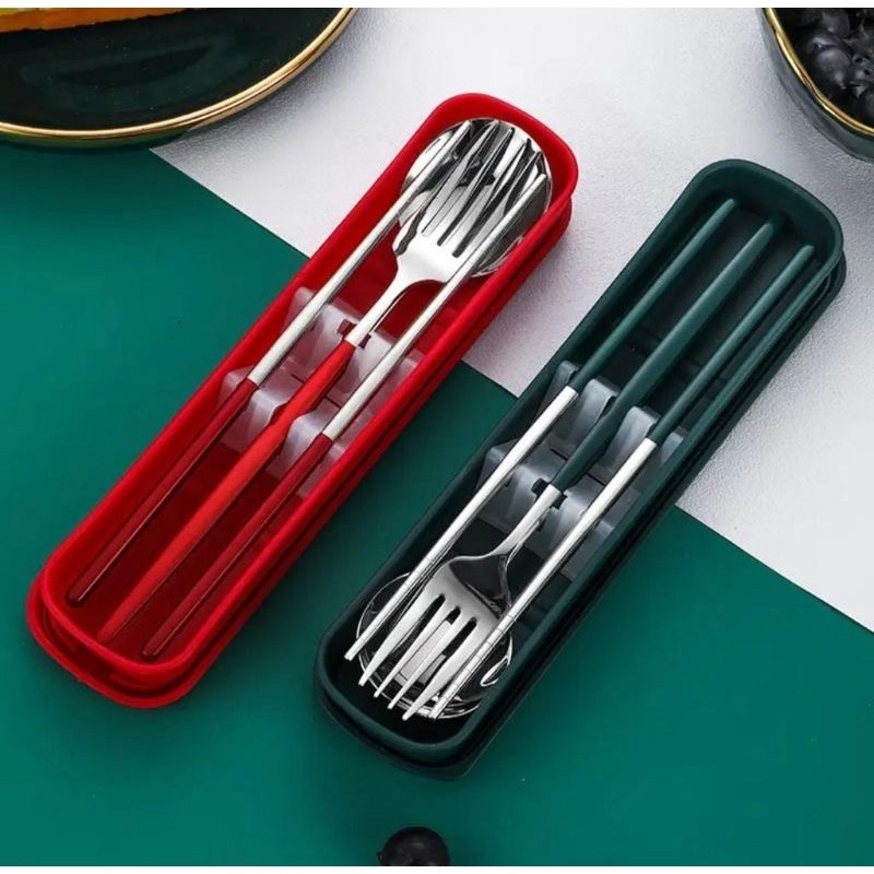 [Premium Quality] Paket Set Sendok Garpu Sumpit Korea Traveling / Set Sendok Garpu dengan Wadah / Se