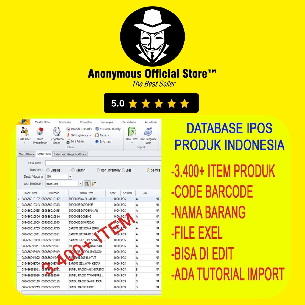 KOLEKSI 3400 FILE DATA IMPORT DATABASE IPOS 4 5 PRODUK INDONESIA ITEM PRODUK CODE BARCODE NAMA BARAN