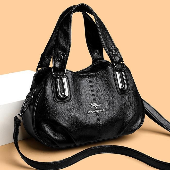 Tas Selempang Wanita Kulit Bertingkat Yang Fashionable, Tas Perjalanan Portabel - Hitam