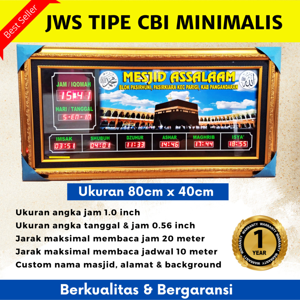 Jam Masjid Tipe CBI. Jadwal Sholat Digital Ukuran 80 cm x 40 cm. Jam Digital Sholat TERLARIS