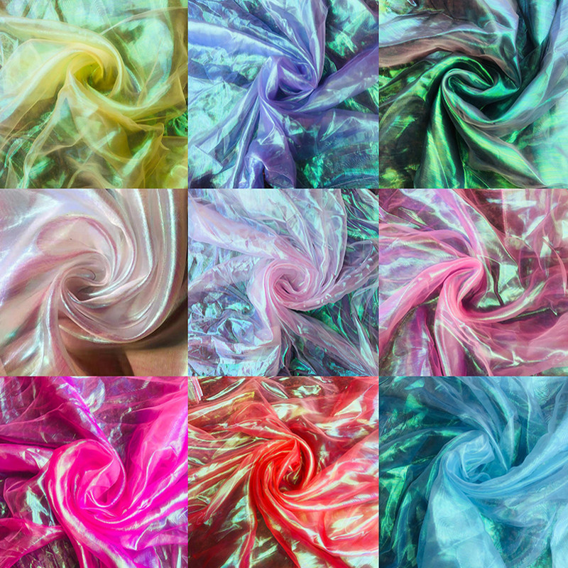 

150cmx100cm Fluorescent Fabrics Colorful Shiny Gauze Fabric Stage Wedding Decor Transparent Holographic Sewing Material