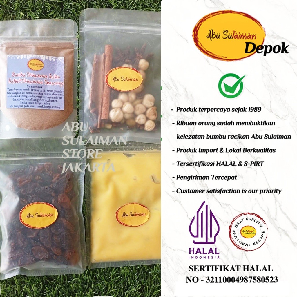 

BUMBU LENGKAP LEBIH HEMAT SHAWARMA INSTANT/ EKSTRA REMPAH KISMIS DAN MINYAK SAMIN UNTUK 1 KG BERAS Abu Sulaiman Store Depok