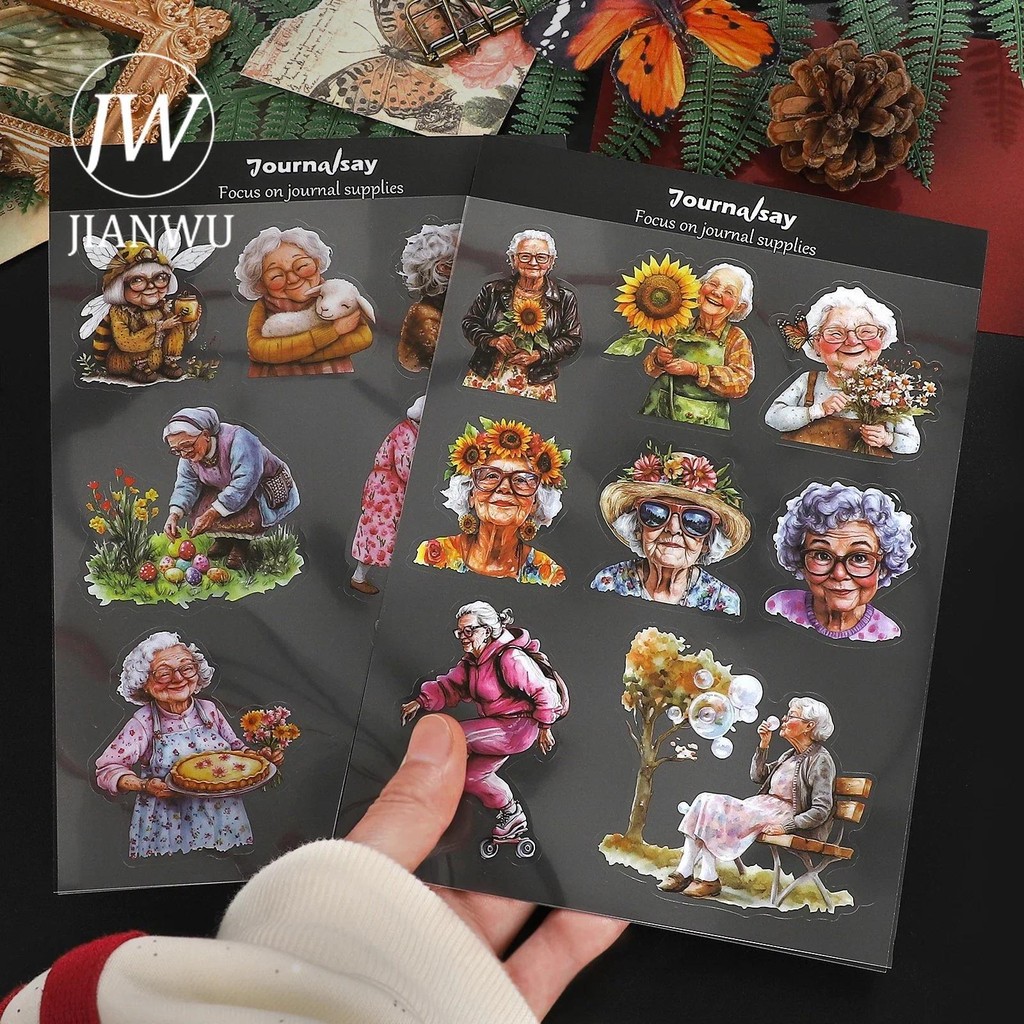 

JIANWU 2Sheets Vintage Flower Old Grandma Character Landscape Material Collage PET Sticker Creative Journal Scrapbook Stationery