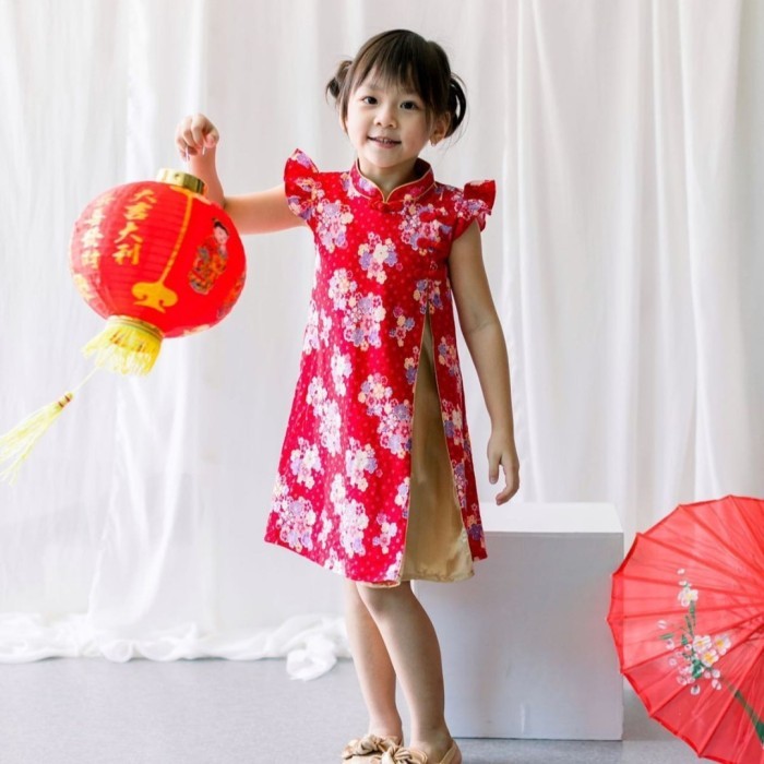 Terlaris ✨ -baju imlek qipao dress cheongsam merah ungu gold anak perempuan - M