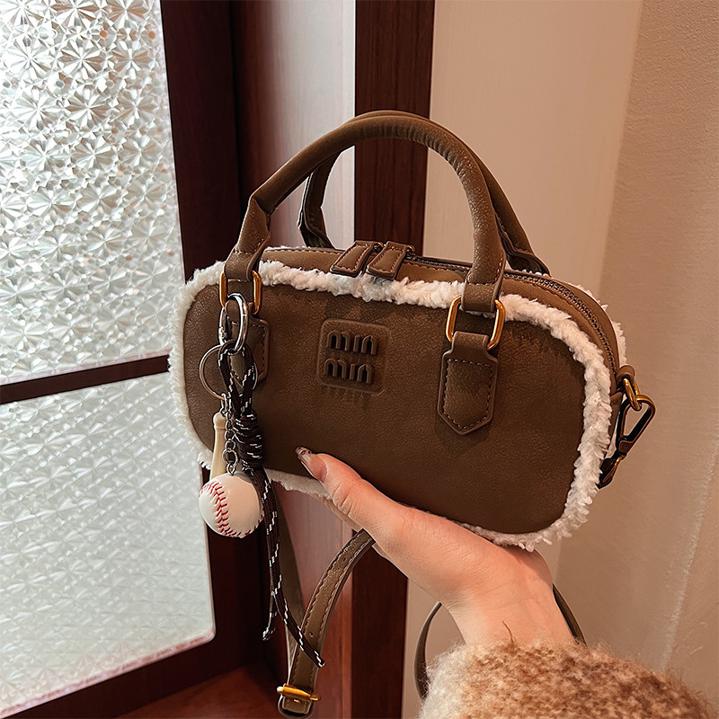 

Lamb Wool Patchwork Bowling Bag Women's New Small Square Bag Winter 2024 Suede Leather Ladies Shoulder Bag Crossbody Handbags