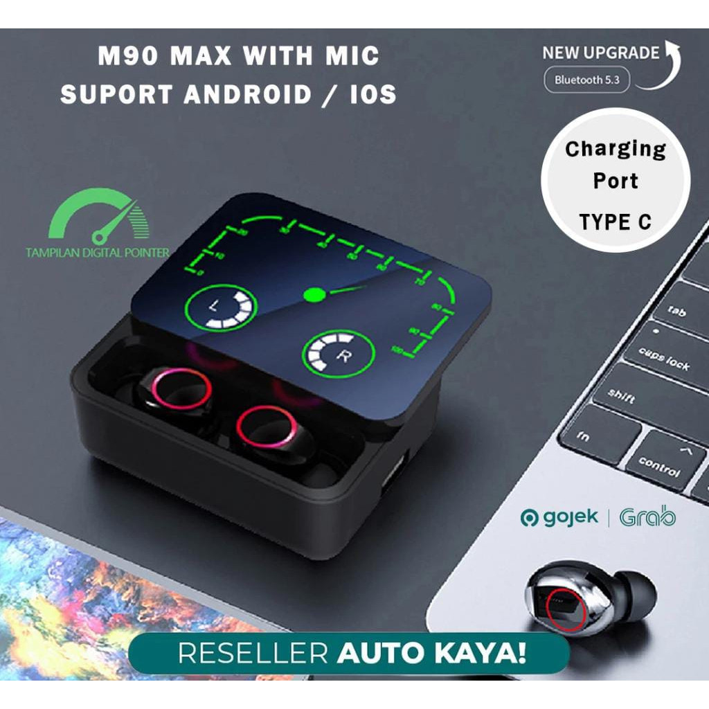 HC TWS HEADSET BLUETOOTH M90 MAX / HANDSFREE WIRELESS BTV5.3 GAME MODE ( TYPE C CHARGE )