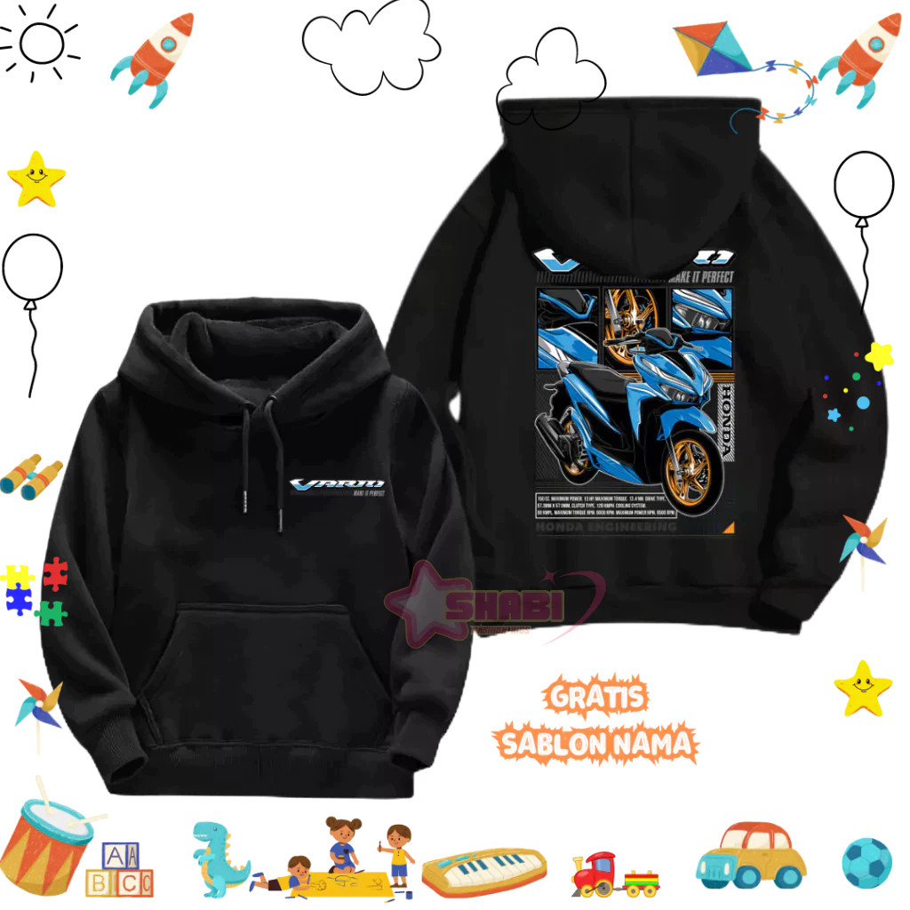 Qiyya.id - Hoodie Anak Gratis Sablon Nama - Hoodie Distro Anak Sunmori Honda VARIO BLUE - Bahan Cott