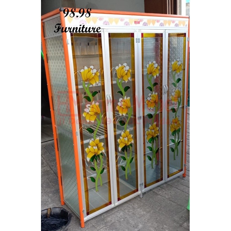 PROMO TERMURAH Rak Piring Aluminium 4 Pintu Motif - Rak Piring Kaca 4 Pintu - Medan by Homemebel Den