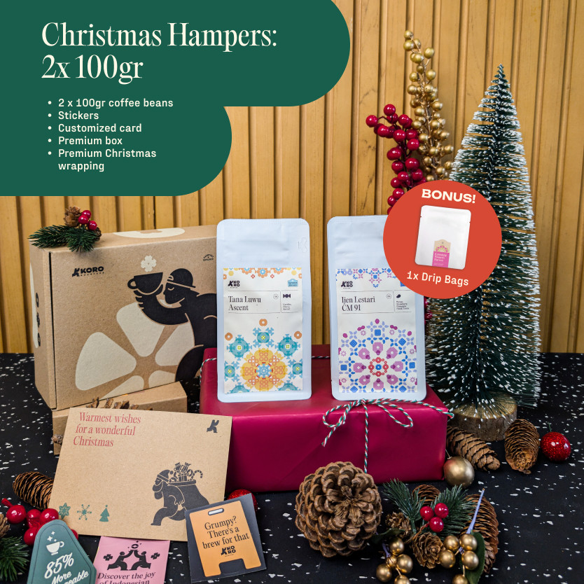 

Hampers Natal Kopi Estetik 2024 | Christmas Hampers | Kado Natal Unik - 2 Bungkus Kopi Spesial 100gr - Koro Roasters