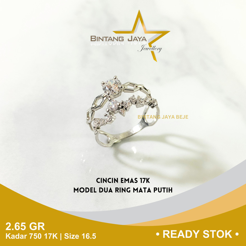 Cincin Emas Whitegold Kadar 750 17K Berat 2.65 gr gram Size Ukuran 16.5 Model Dua Ring Mata Putih Ci