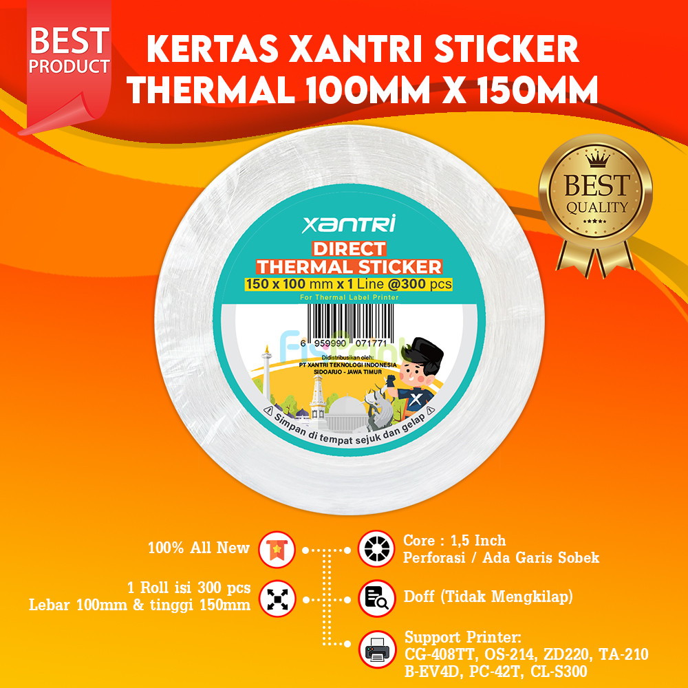 

Kertas Sticker Thermal 100mm x 150mm, Label Barcode Direct Resi 1 Roll isi 300pcs