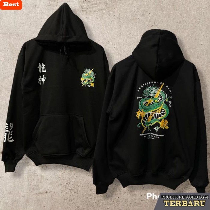 hoodie pria keren jaket hoodie pria jumper Memphis Jepang edition naga Jepang ryujin - Hitam, M