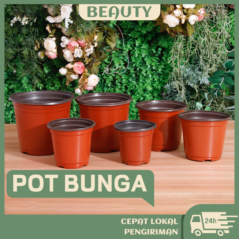 BEAUTYPLACE 1Pcs Pot Tanaman Pot Plastik Merah Bata Pot 9 ~ 21CM Bata Coklat Pot Bunga Polos