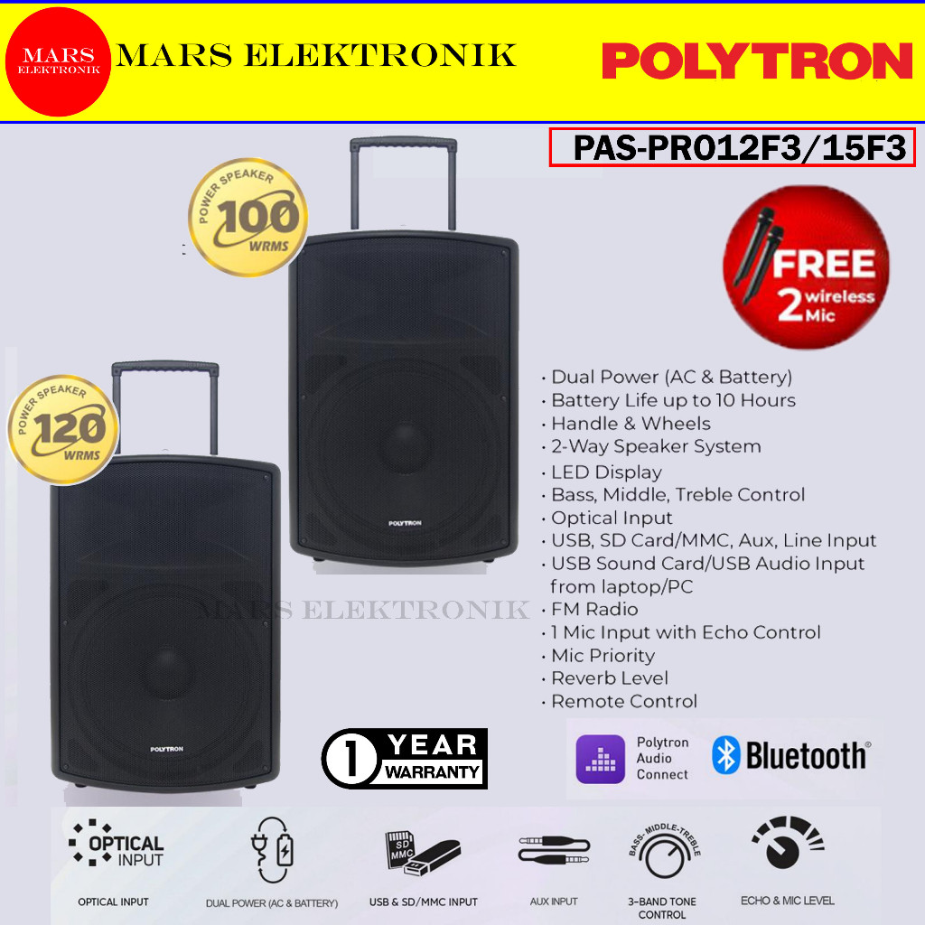 SPEAKER POLYTRON PASPRO12F3 / PASPRO15F3 ( FREE 2 MIC ) - PORTABLE TROLI SPEAKER - READY