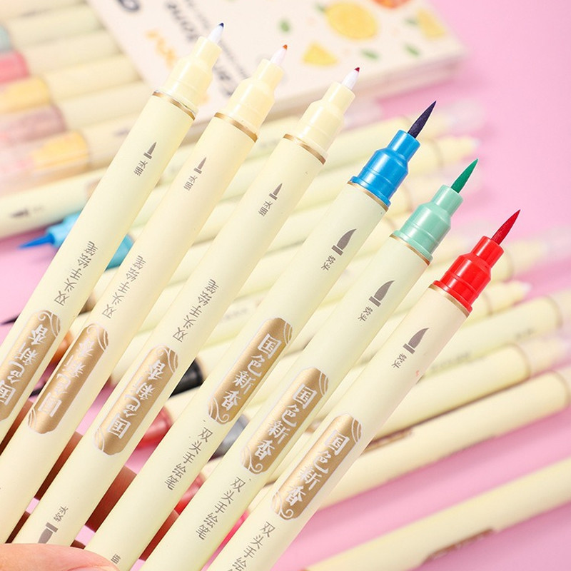 

6pcs/set Retro Colors Double Tip Marker Pens Line Drawing Watercolor Pen for Calligraphy Student Art Painting School Stationary