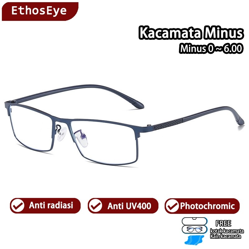 EthosEye Kacamata Minus Photocromic 2 in 1 Pria Wanita Keren Gaya Anti Radiasi Blueray Bisnis Besi F