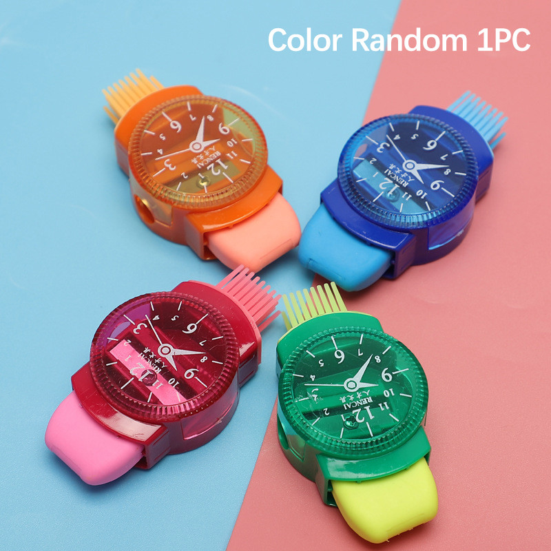 

Cute Funny Watches Shaped Mini Colourful Pencil Sharpeners With Erasers Brush School Girls Supplies Machine Pencil Sharpener
