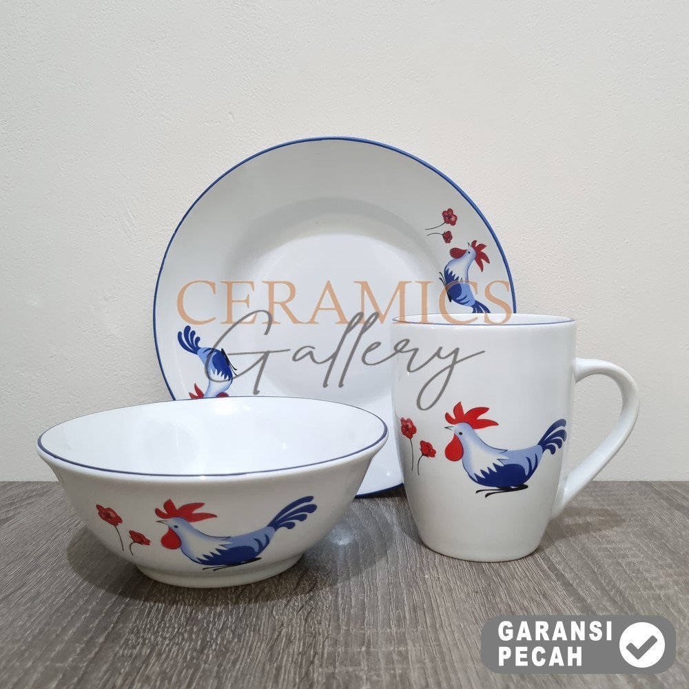 HOMECO 3pcs Piring 8in  Mangkok 6,25in Mug 320ml Ayam Blue Series Paket Set 3pcs