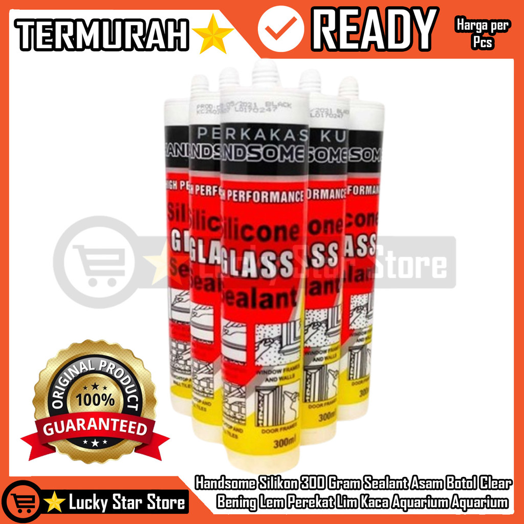 Handsome Silikon Sealant Asam Bening Clear 300ml Lem Kaca Perekat Aquarium Akuarium Aluminium Alumun