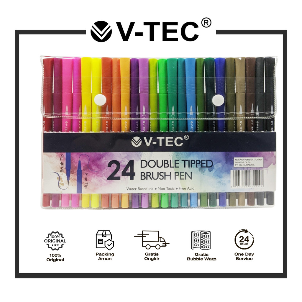 

V-TEC DOUBLE TIPPED BRUSH PEN SPIDOL DUA SISI WARNA DBP 1124 ISI 24 PCS PAK